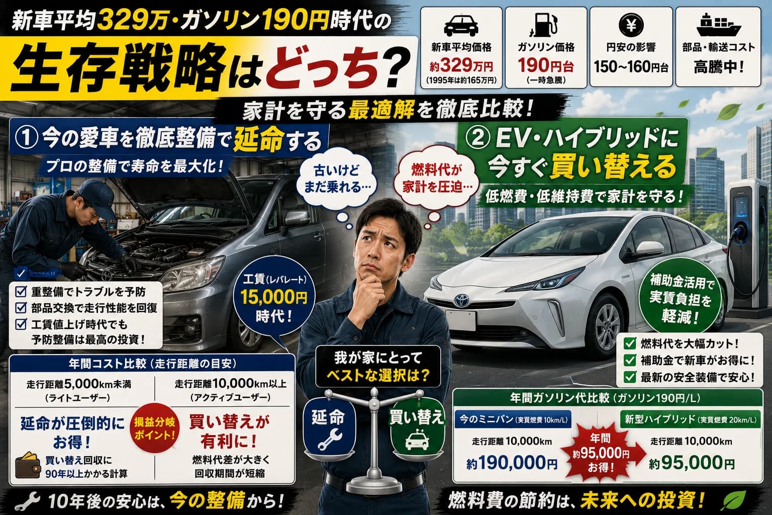 「新車平均329万・ガソリン190円」時代の生存戦略：古い愛車を徹底整備で延命するか、EV・ハイブリッドに今すぐ買い替えるべきか？