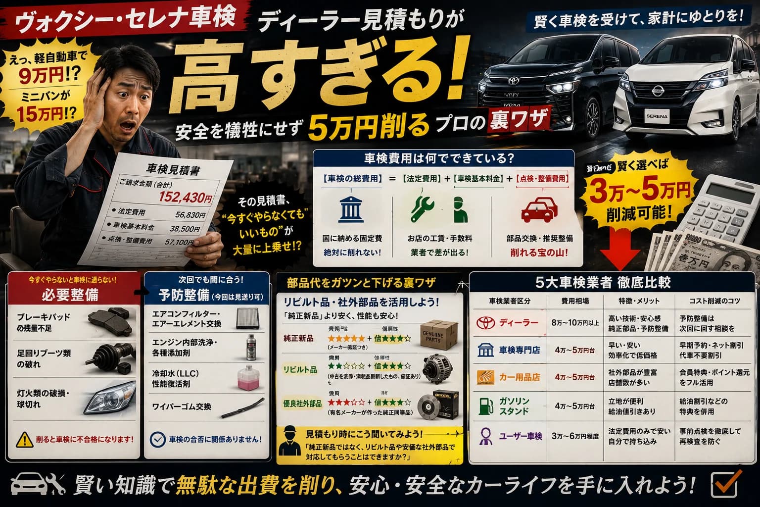 【ヴォクシー・セレナ車検】ディーラー見積もりが高すぎる！安全を犠牲にせず5万円削るプロの裏ワザ