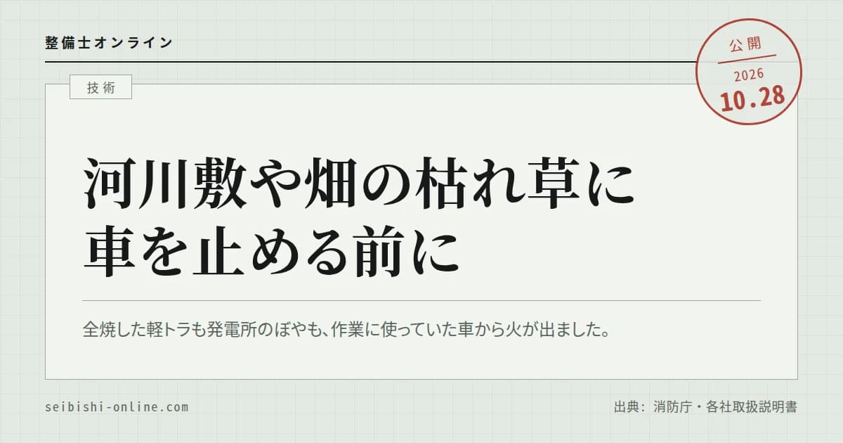 河川敷や畑に車を止める前に―枯れ草で車が燃えた国内の火災、取扱説明書が止めないよう書いている場所、止めたあとに車の下で見るところ