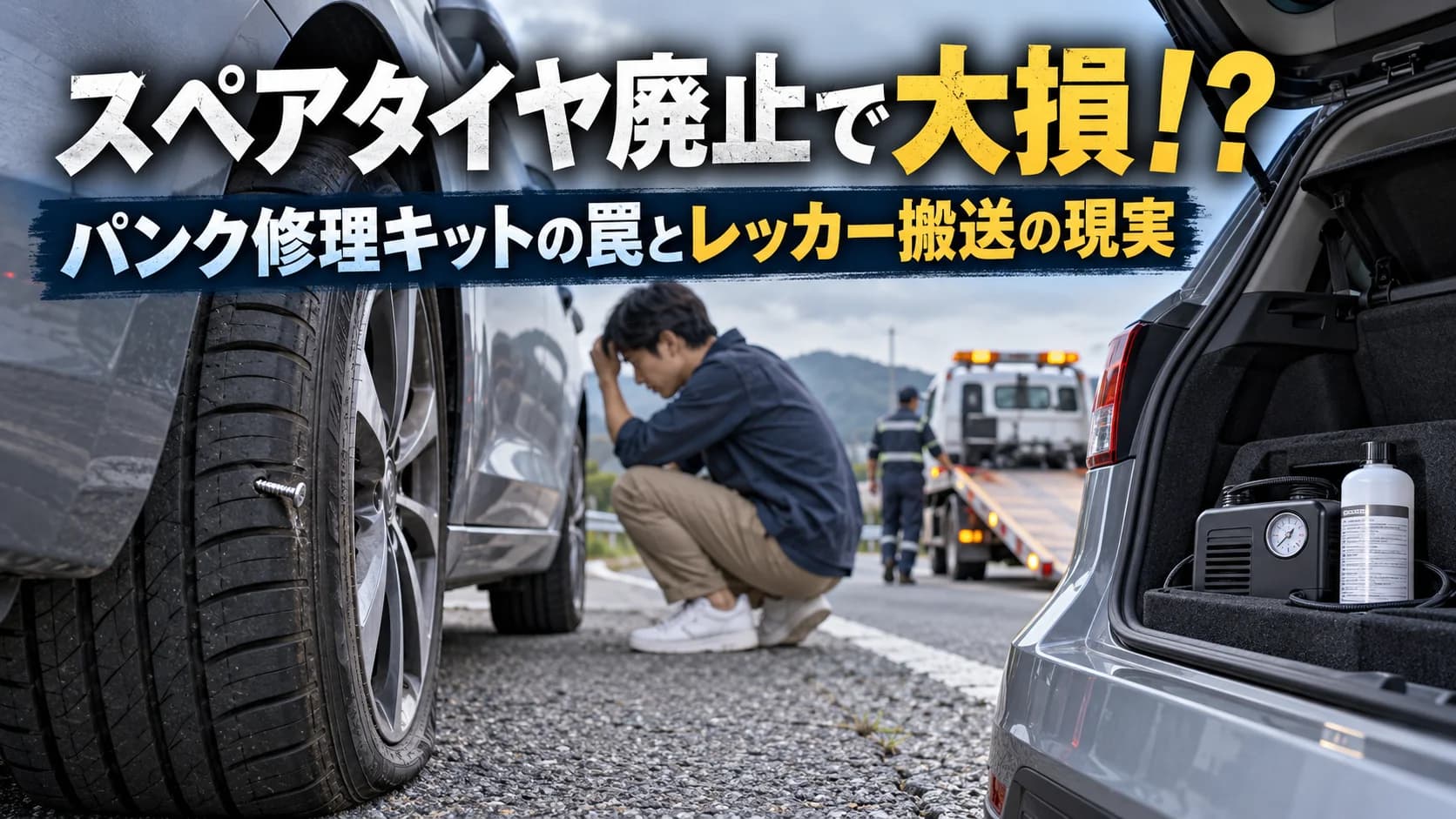 スペアタイヤ廃止で大損！？パンク修理キットの罠とレッカー搬送の現実