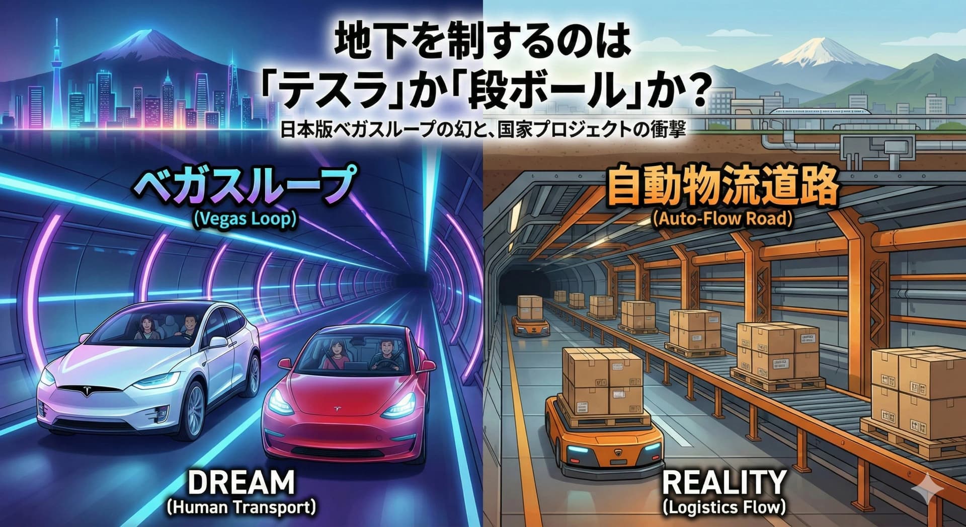 地下を制するのは「テスラ」か「段ボール」か？ **日本版ベガスループの幻と、国家プロジェクト「自動物流道路」の衝撃**