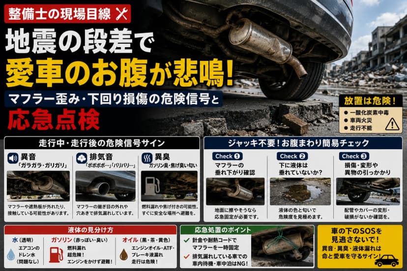 【整備士の現場目線】地震の段差で愛車のお腹が悲鳴！マフラー歪み・下回り損傷の危険信号と応急点検