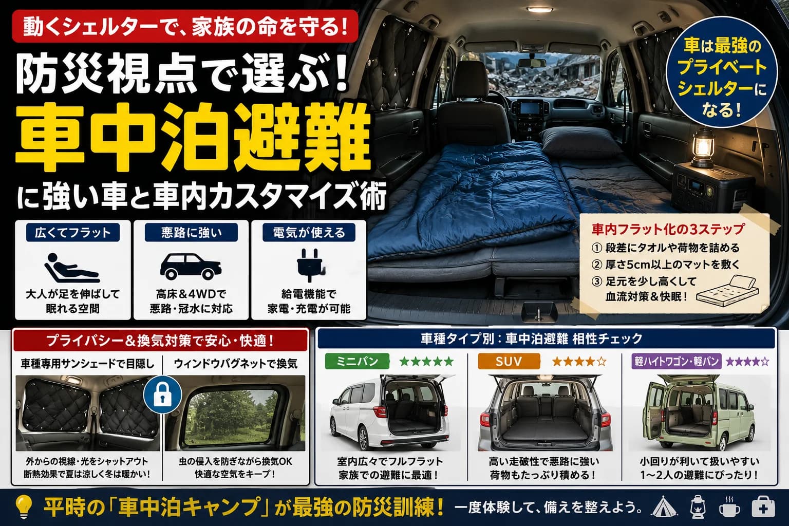 【動くシェルター】防災視点で選ぶ！「車中泊避難」に強い車と車内カスタマイズ術