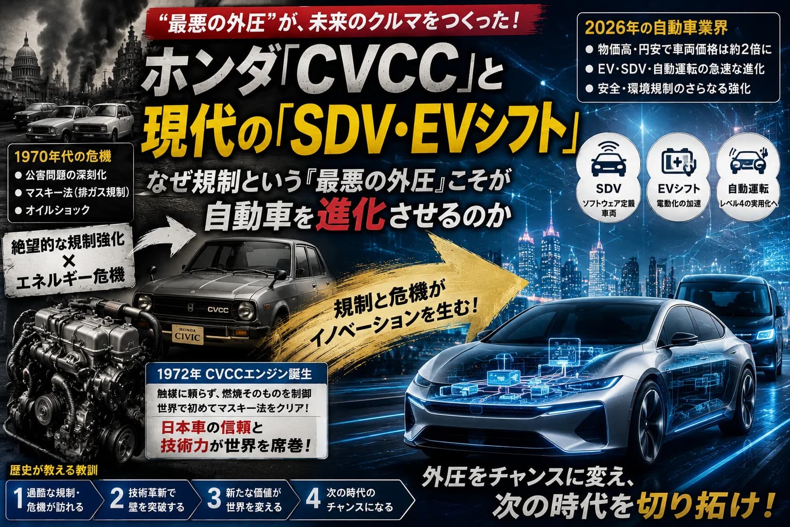 ホンダ「CVCC」と現代の「SDV・EVシフト」：なぜ規制という『最悪の外圧』こそが自動車を進化させるのか
