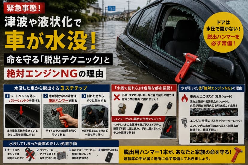 【緊急事態】津波や液状化で車が水没！命を守る「脱出テクニック」と「絶対エンジンNG」の理由