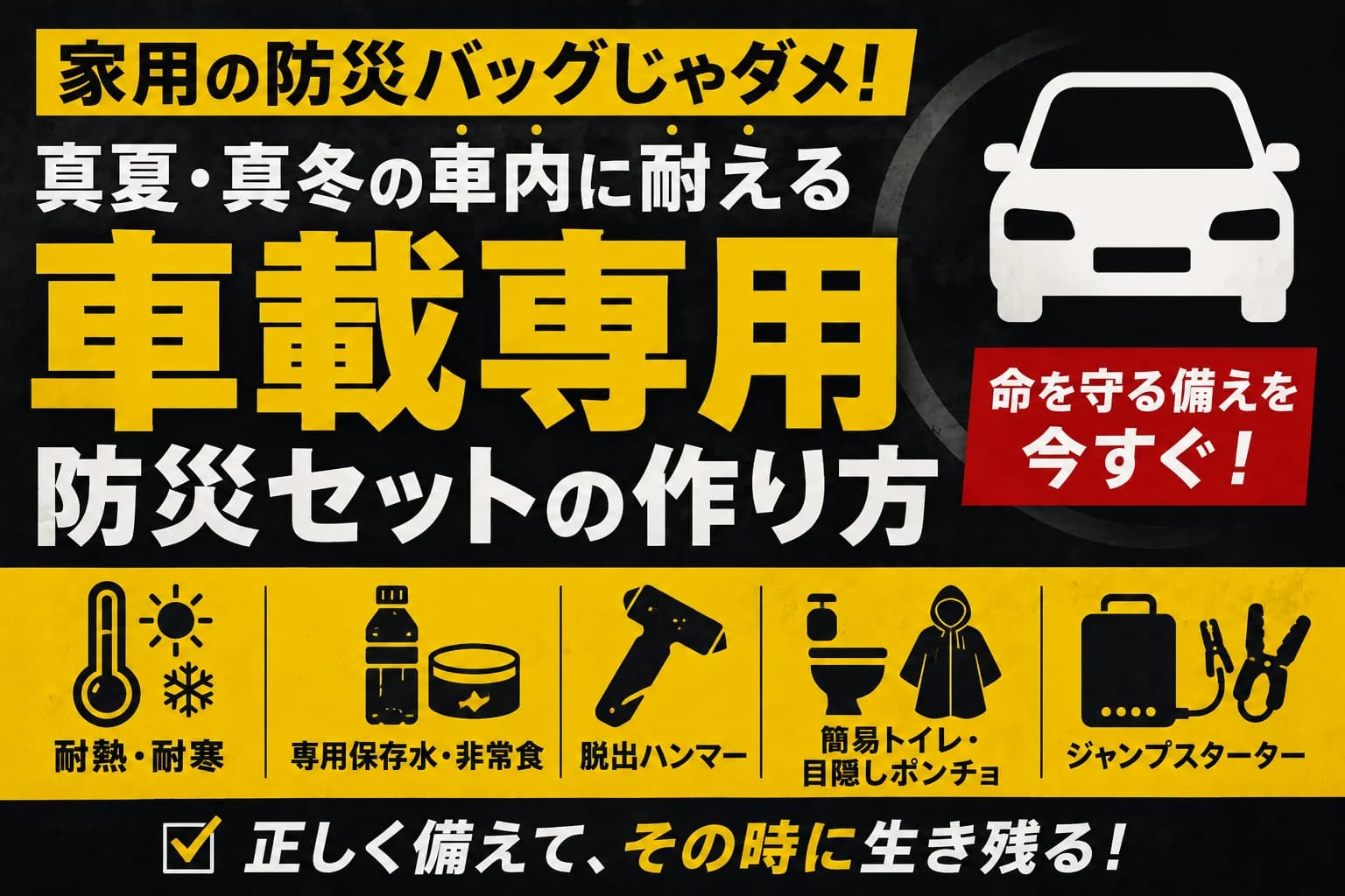 家用の防災バッグじゃダメ！真夏・真冬の車内に耐える「車載専用防災セット」の作り方