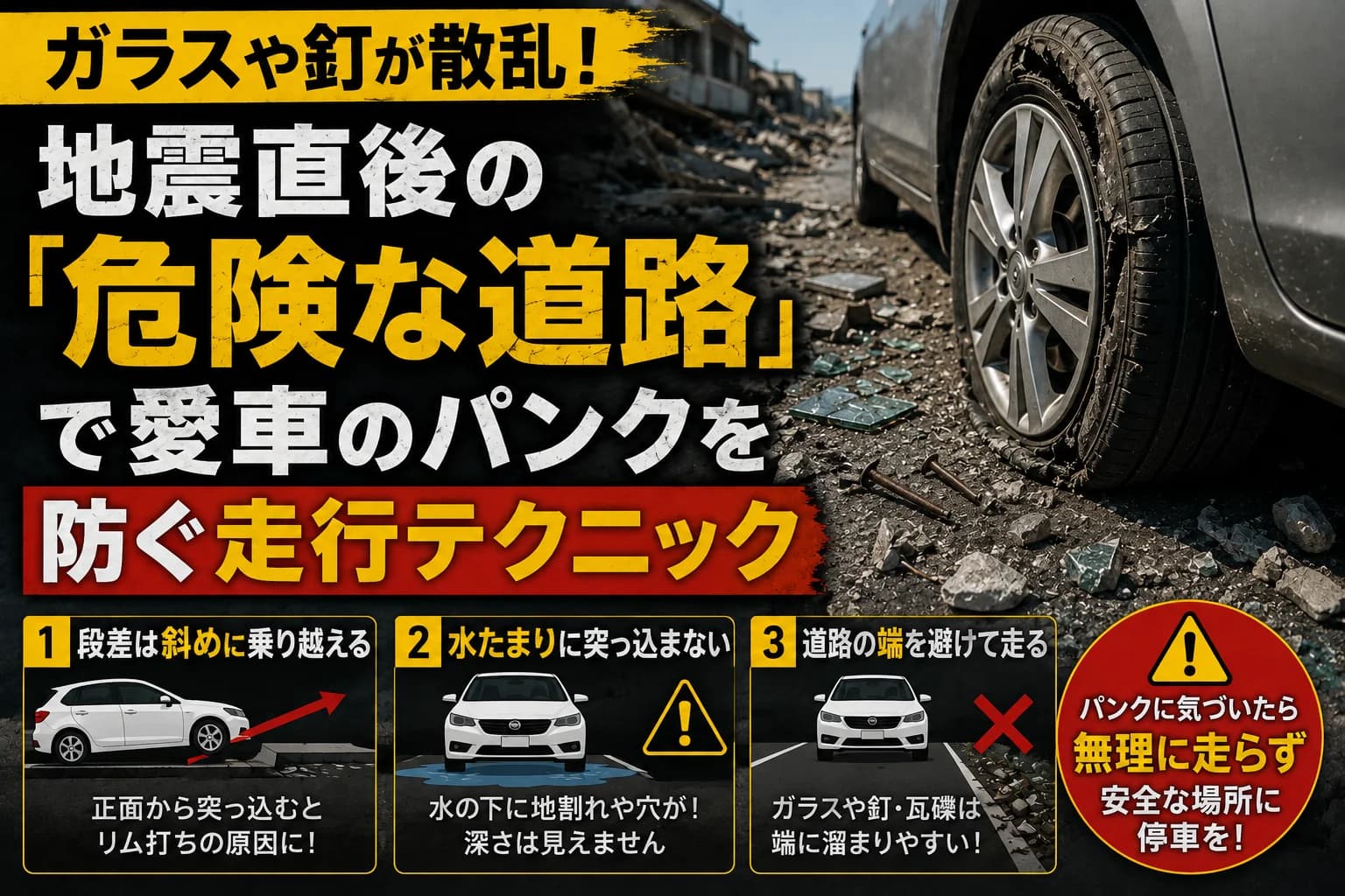 ガラスや釘が散乱！地震直後の「危険な道路」で愛車のパンクを防ぐ走行テクニック