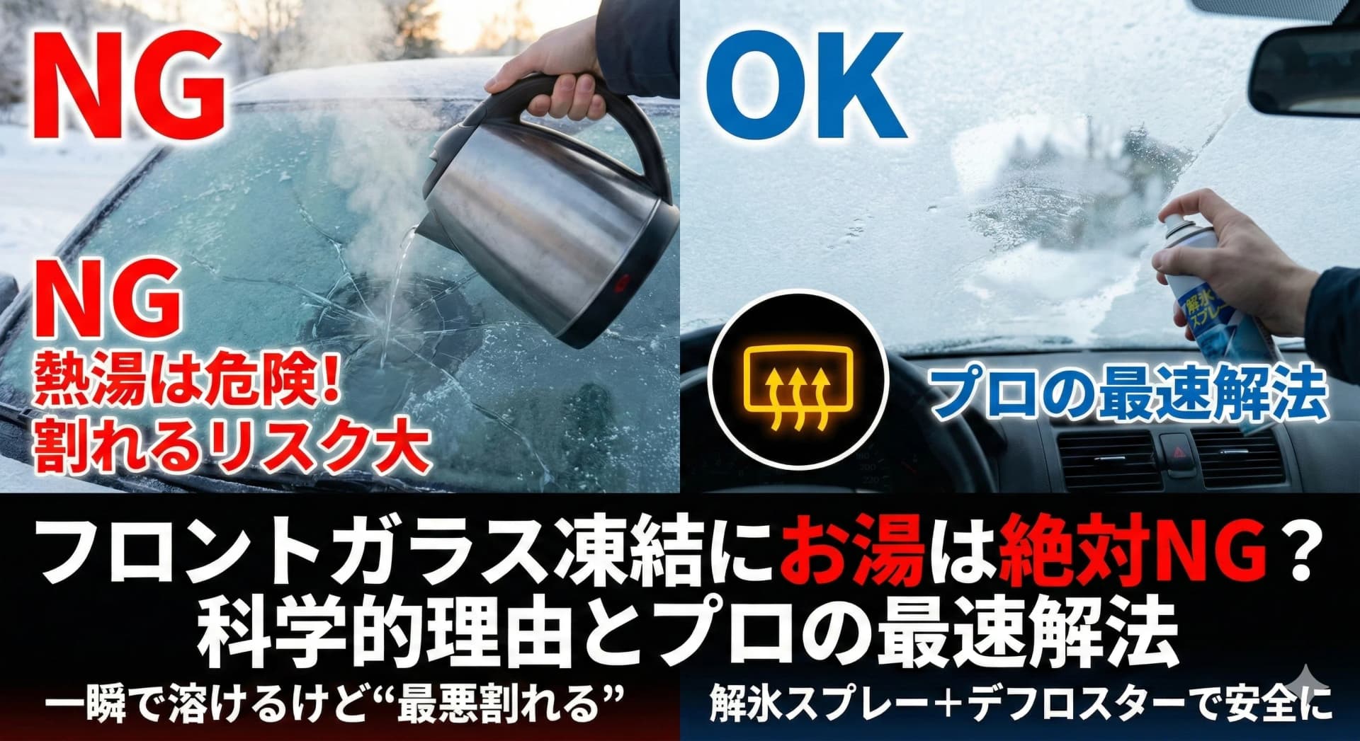 フロントガラス凍結にお湯は絶対NG?一瞬で溶けるけど「最悪割れる」科学的理由とプロの最速解法
