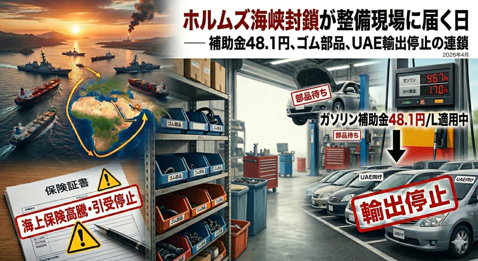 ホルムズ海峡封鎖が整備現場に届く日 — 補助金48.1円、ゴム部品、UAE輸出停止の連鎖