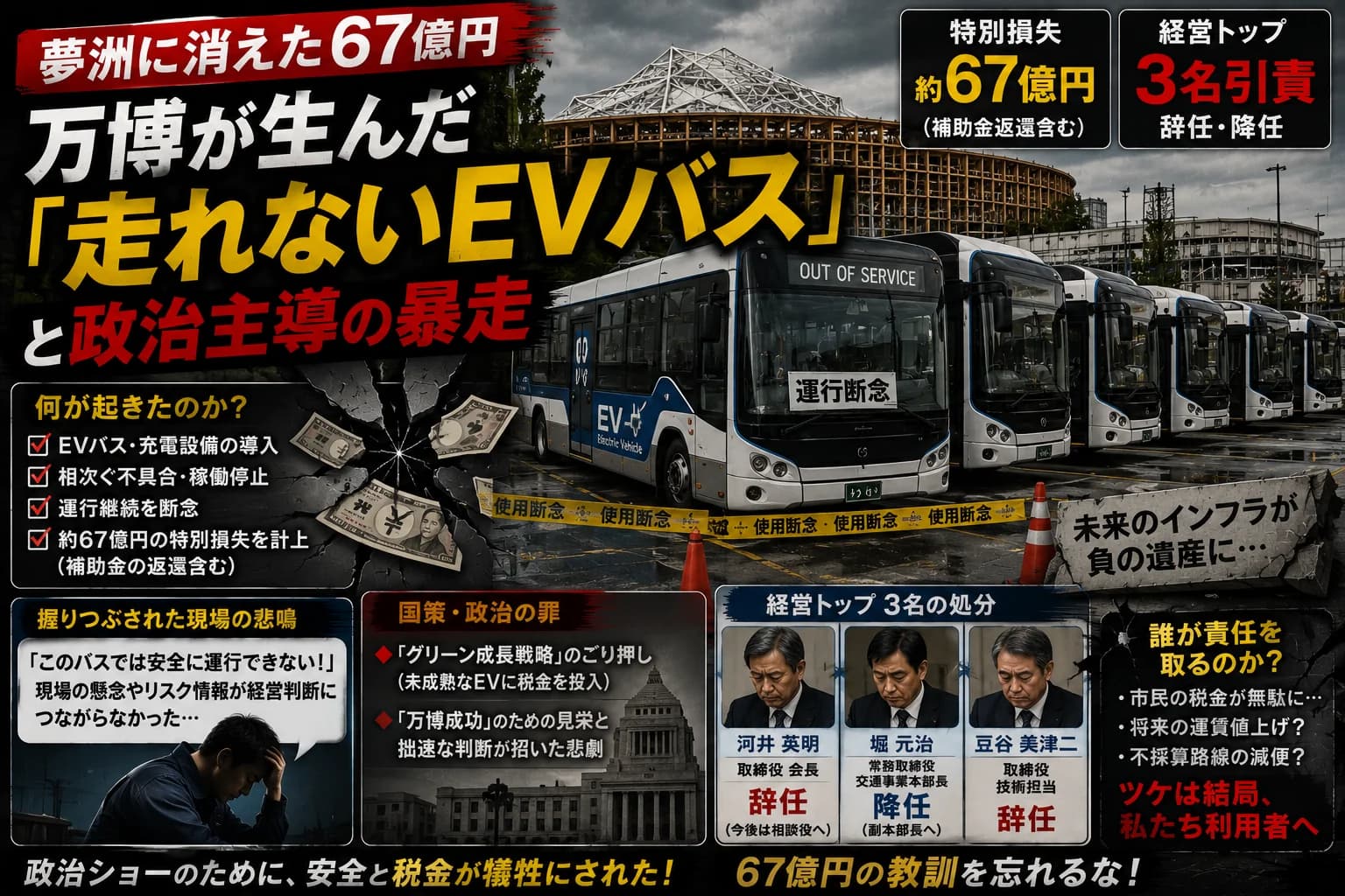 夢洲に消えた67億円:万博が生んだ「走れないEVバス」と政治主導の暴走